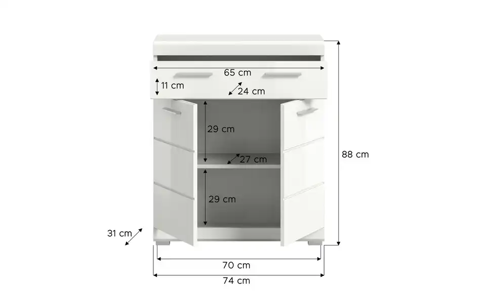 Unterschrank SCHLOONSEE, Breite 74cm, 2 Tür, 1 Schubkasten, 2 Fächer, MDF-Front in verschiedenen Farben erhältlich, Badmöbel, Badschrank, Kommode, Bad Schloonsee, Bemaßung
