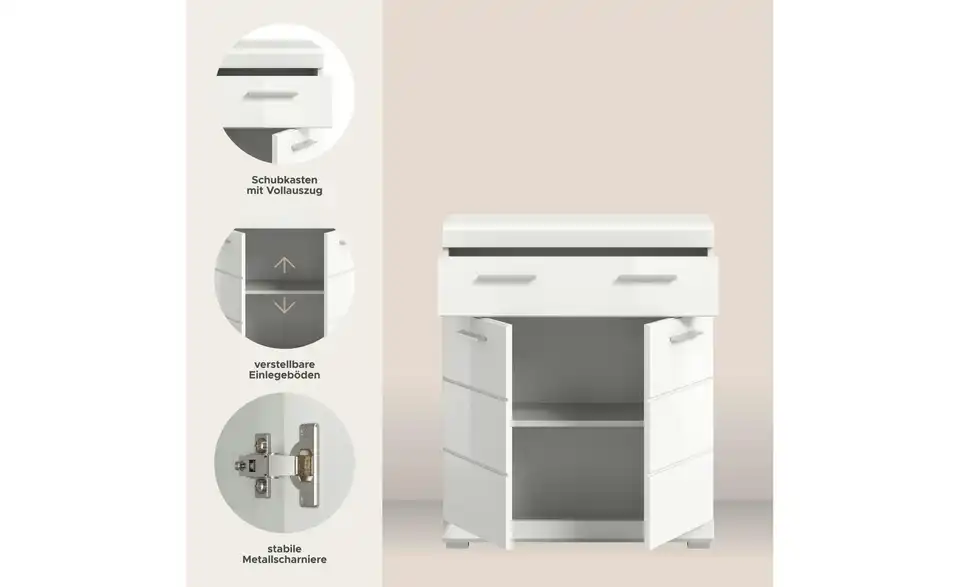 Unterschrank SCHLOONSEE, Breite 74cm, 2 Tür, 1 Schubkasten, 2 Fächer, MDF-Front in verschiedenen Farben erhältlich, Badmöbel, Badschrank, Kommode, Bad Schloonsee, Bild mit Text