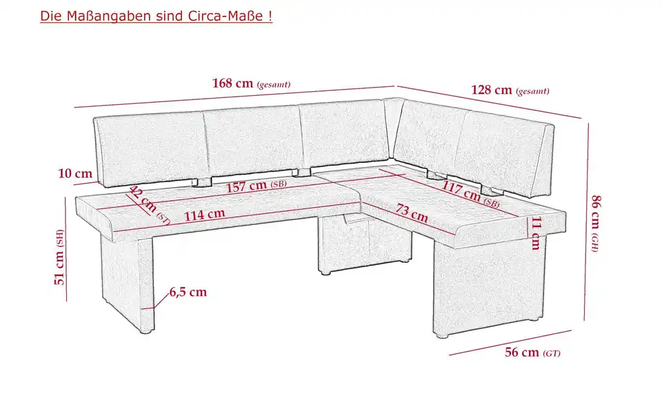 Polstereckbank Pia, Bemaßung