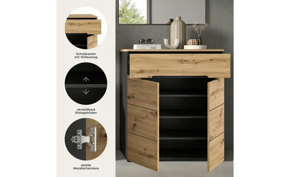 Schuhschrank, Bild mit Text