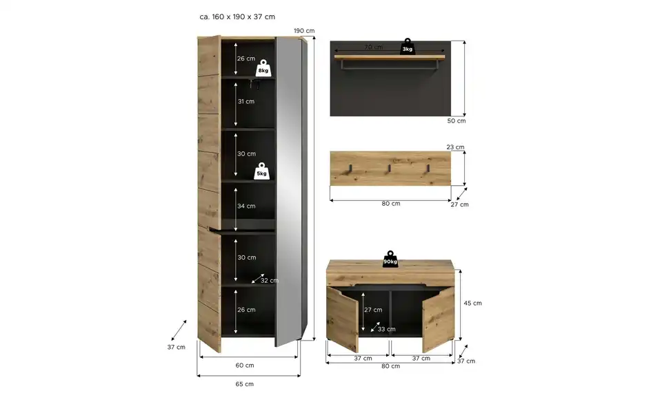 Garderobenkombination, Bemaßung
