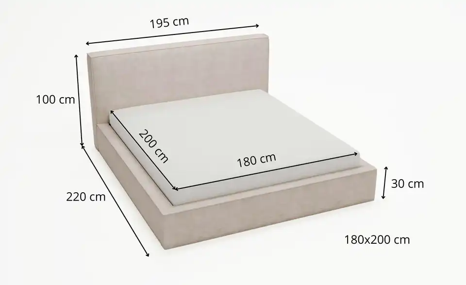 Polsterbett Monaco mit Bettkasten, Bemaßung