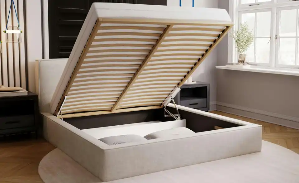 Polsterbett Monaco mit Bettkasten, geöffnet