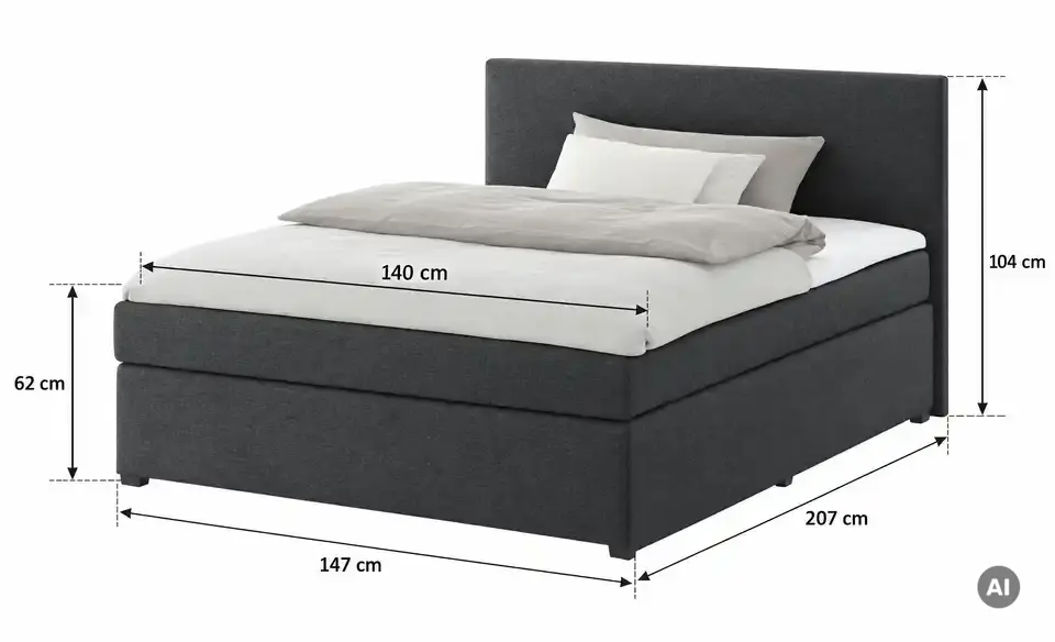 Boxspringbett Duke mit Matratze und Topper, H3, Bemaßung