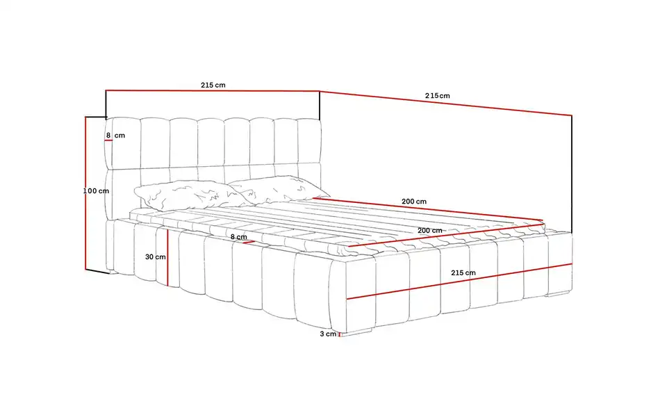 Polsterbett Alma, Bemaßung