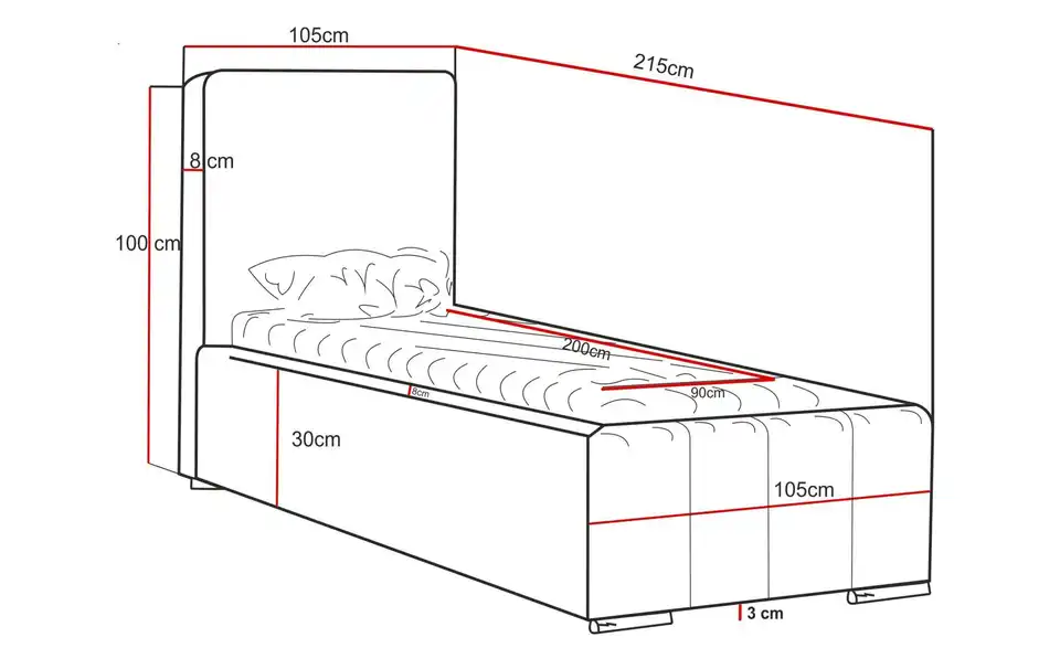 Polsterbett Alma, Bemaßung