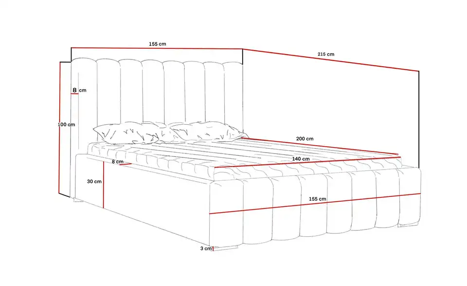 Polsterbett Nero, Bemaßung
