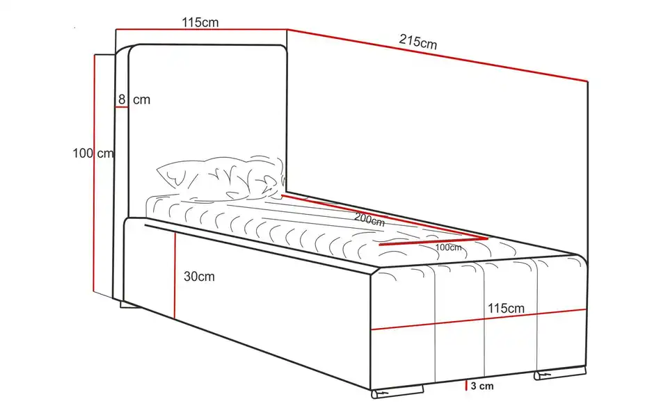Polsterbett Nero, Bemaßung