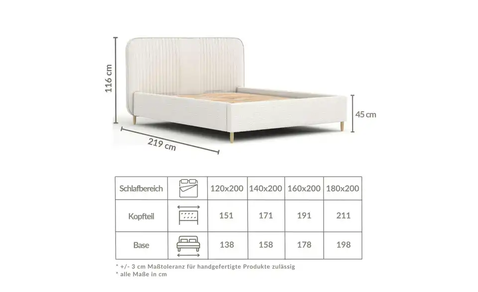 Polsterbett Livy mit Stauraum, Bemaßung
