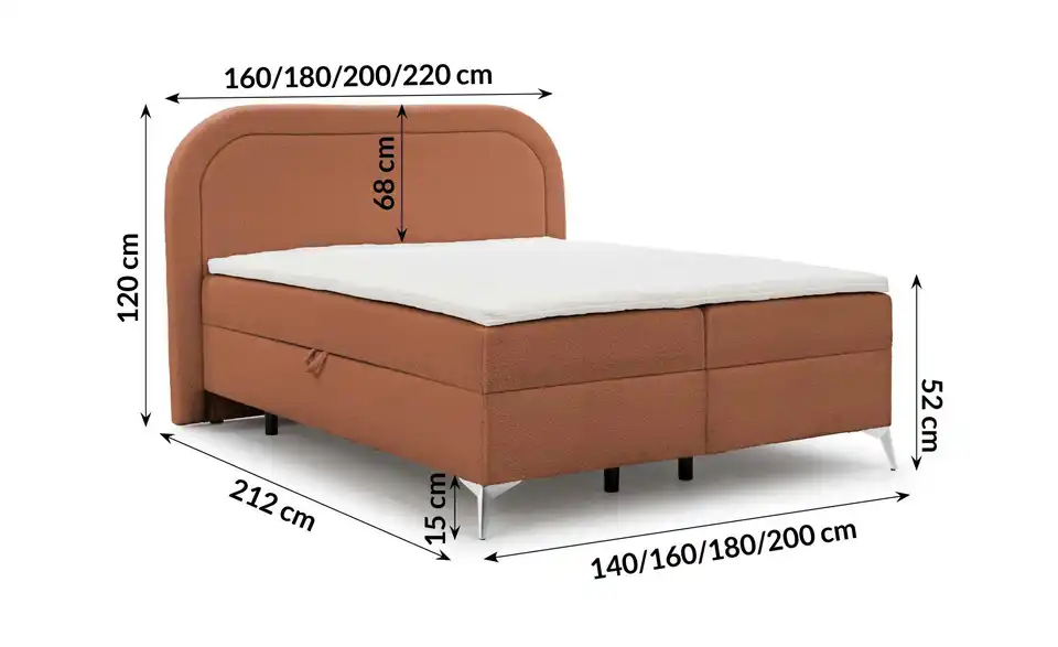 S-STYLE Boxbett Sonna mit Bettkasten, Bouclé-Stoff, Bemaßung