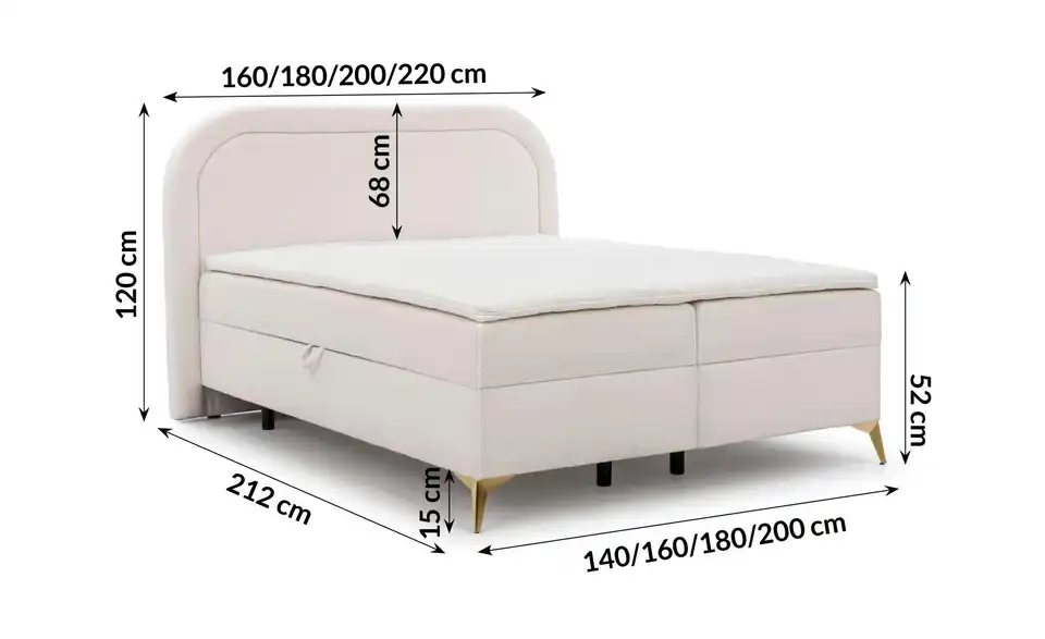 S-STYLE Boxbett Sonna mit Bettkasten, Bouclé-Stoff, Bemaßung