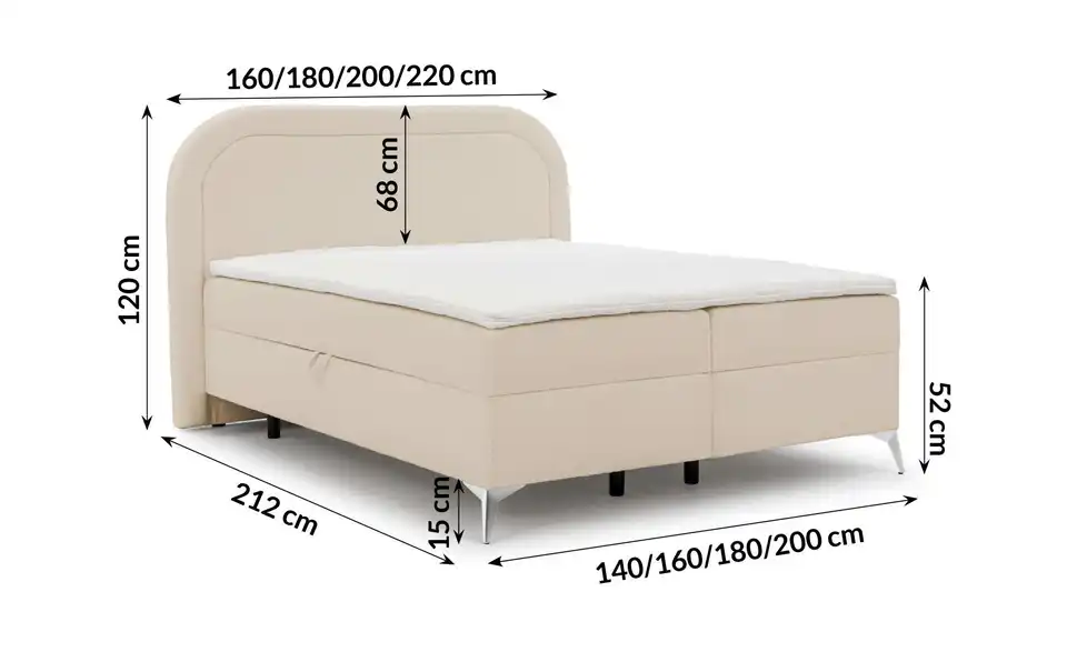 S-STYLE Boxbett Sonna mit Bettkasten, Bouclé-Stoff, Bemaßung