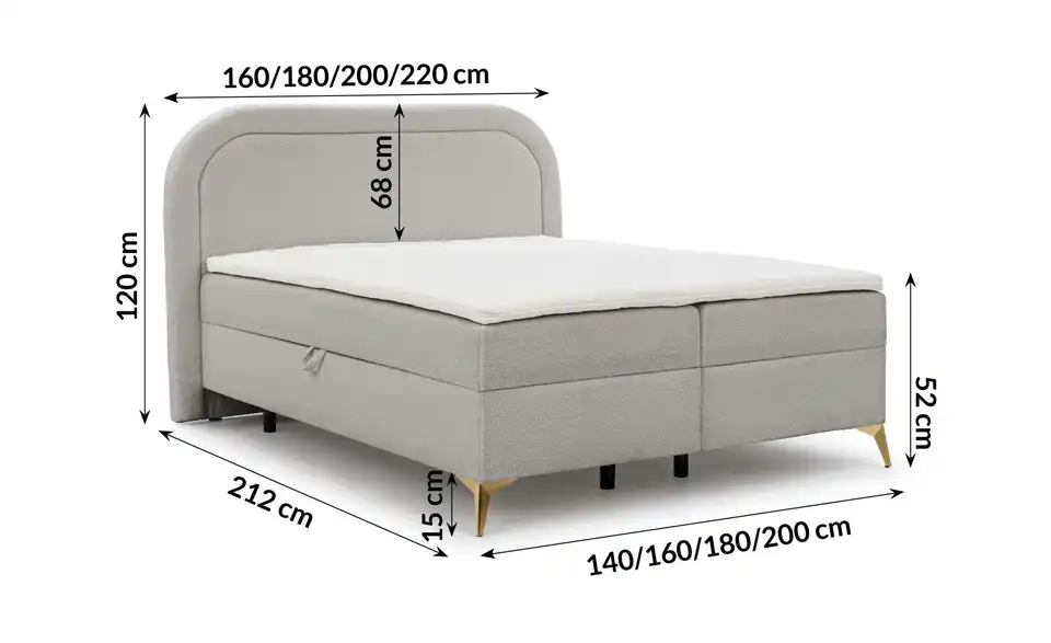 S-STYLE Boxbett Sonna mit Bettkasten, Bouclé-Stoff, Bemaßung