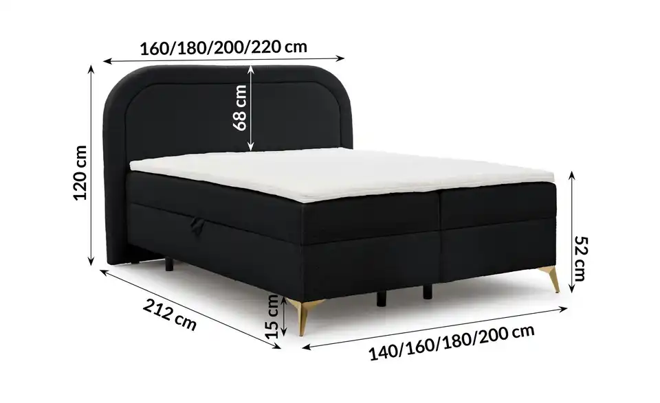 S-STYLE Boxbett Sonna mit Bettkasten, Bouclé-Stoff, Bemaßung
