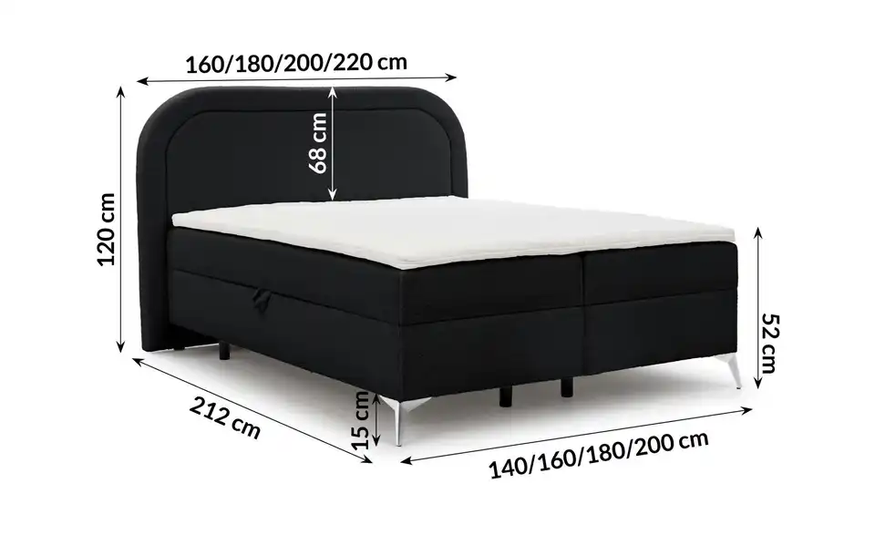 S-STYLE Boxbett Sonna mit Bettkasten, Bouclé-Stoff, Bemaßung
