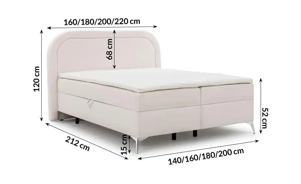 S-STYLE Boxbett Sonna mit Bettkasten, Bouclé-Stoff, Bemaßung