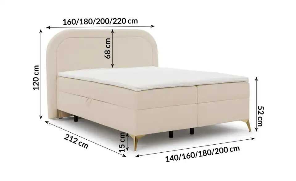 S-STYLE Boxbett Sonna mit Bettkasten, Bouclé-Stoff, Bemaßung