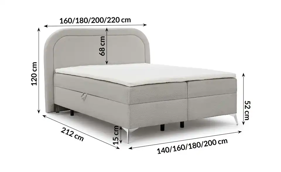 S-STYLE Boxbett Sonna mit Bettkasten, Bouclé-Stoff, Bemaßung