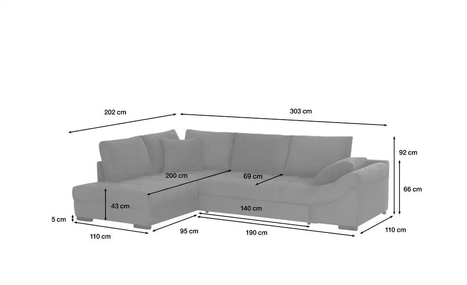 Ecksofa Allegro, Bemaßung