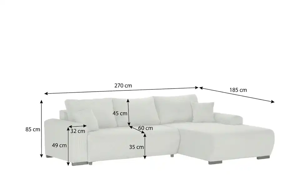 Ecksofa Nelly, Bemaßung
