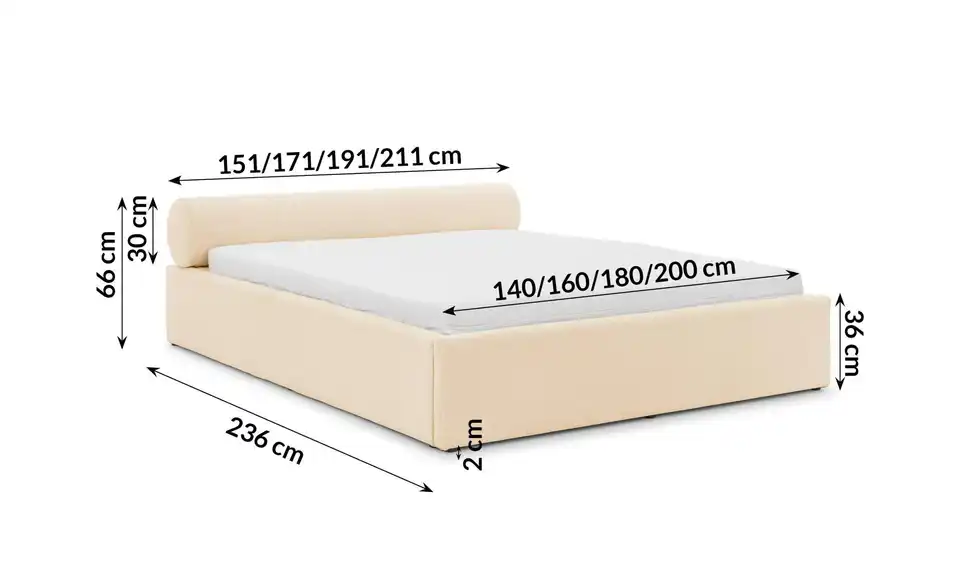 S-STYLE Polsterbett Josy, Bemaßung
