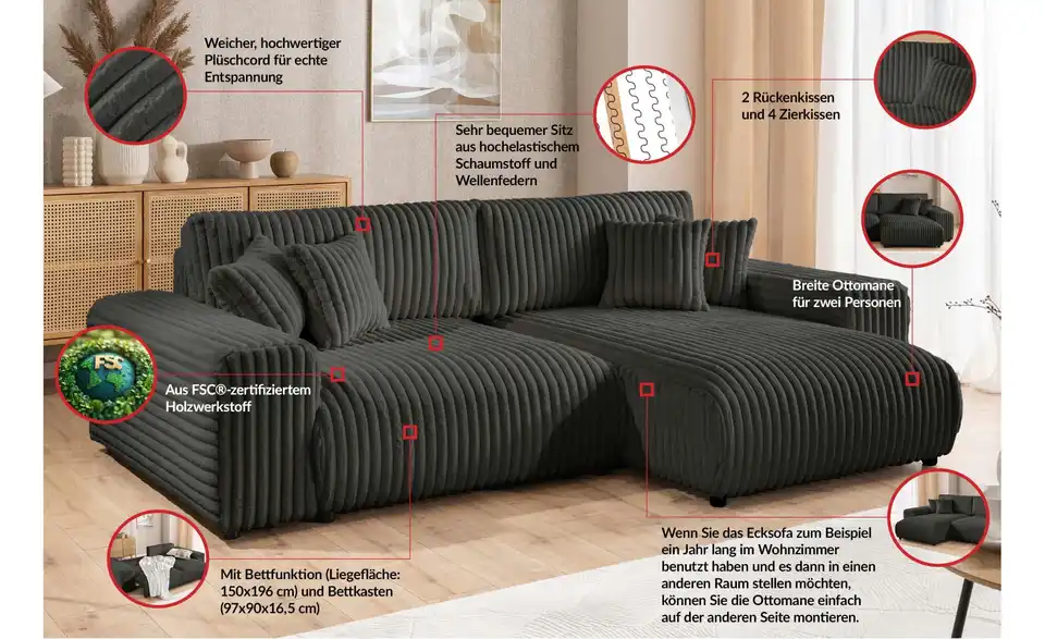 Ecksofa, Bild mit Text