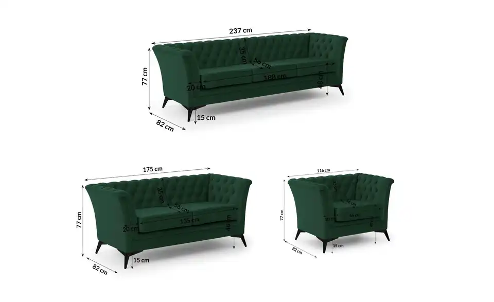 Polstergarnitur 3+2+1, Bemaßung