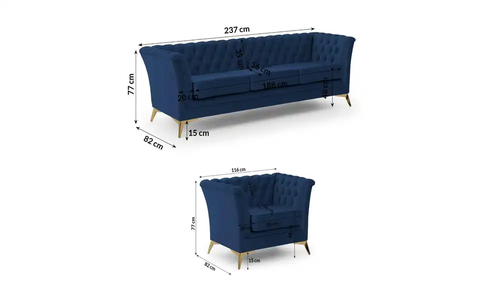 Polstergarnitur 3+1, Bemaßung