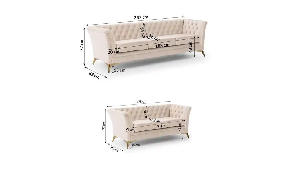 Polstergarnitur 3+2, Bemaßung