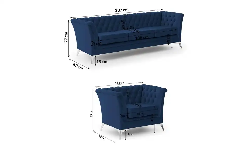 Polstergarnitur 3+1, Bemaßung