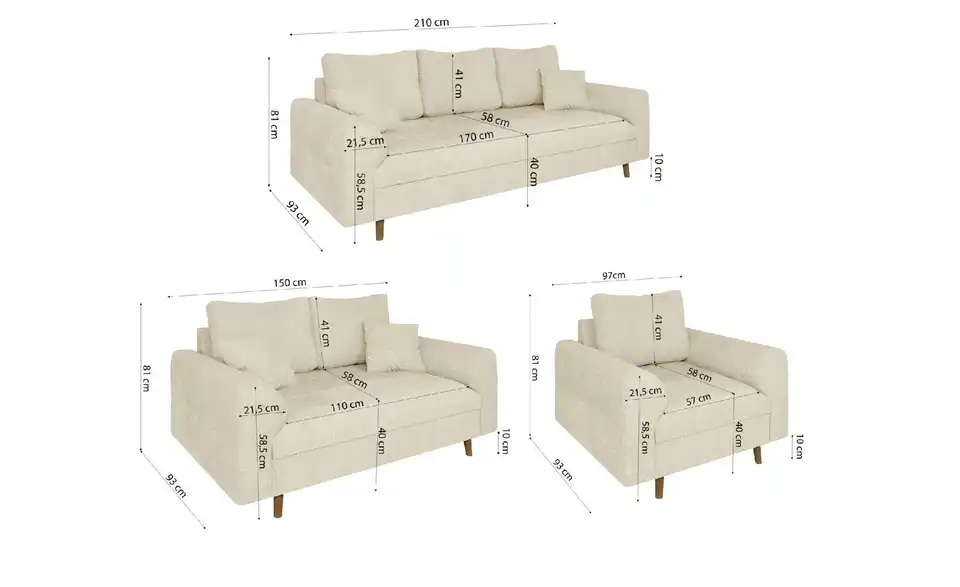 Polstergarnitur 3+2+1, Bemaßung