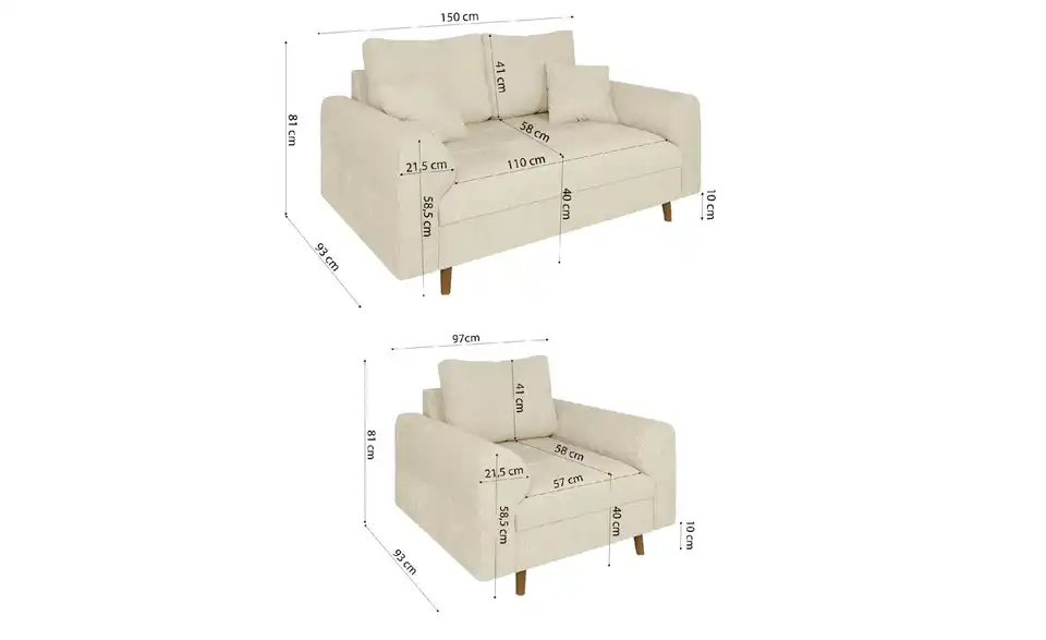 Polstergarnitur 2+1, Bemaßung