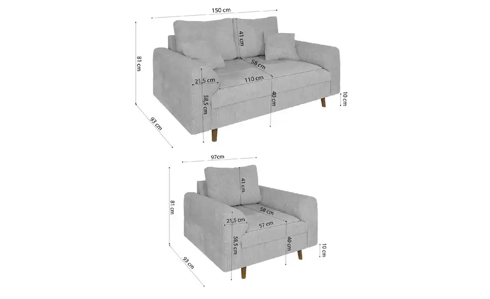 Polstergarnitur 2+1, Bemaßung