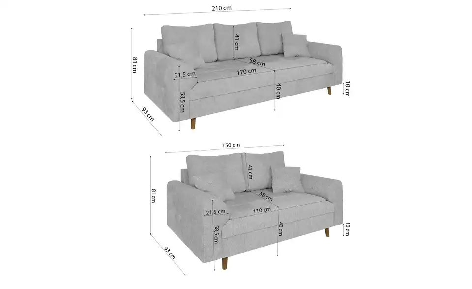 Polstergarnitur 3+2, Bemaßung
