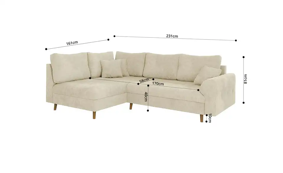 Ecksofa mit Hocker, Bemaßung