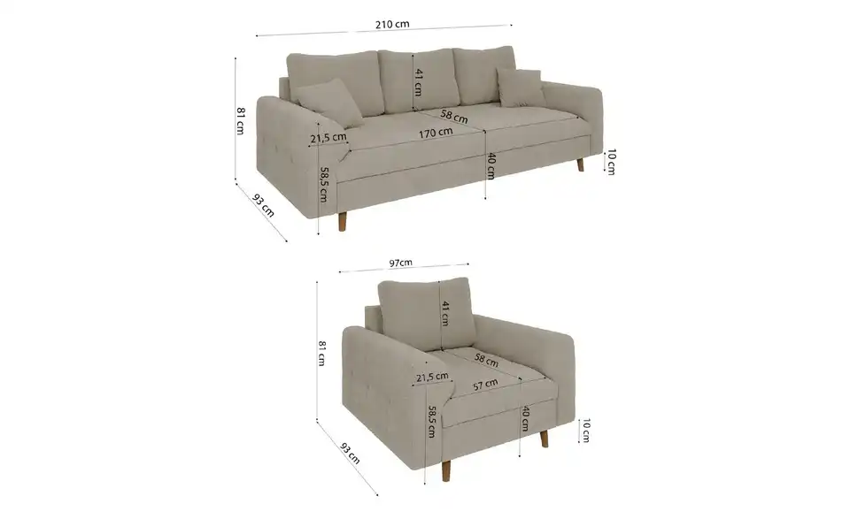 Polstergarnitur 3+1, Bemaßung