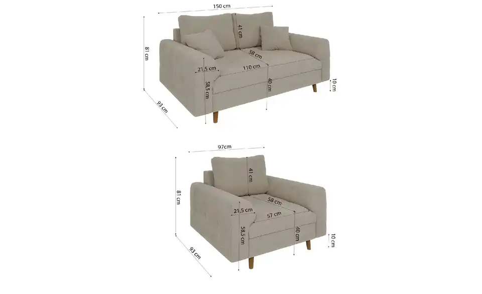 Polstergarnitur 2+1, Bemaßung