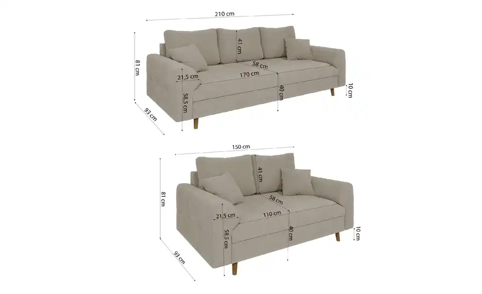 Polstergarnitur 3+2, Bemaßung