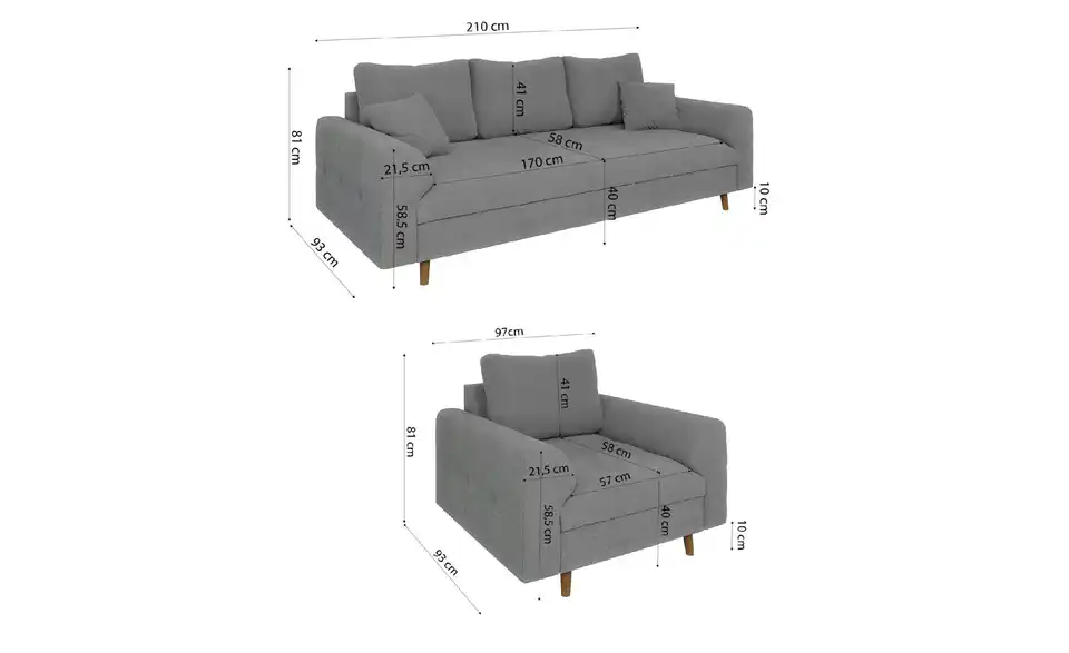 Polstergarnitur 3+1, Bemaßung