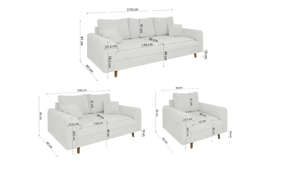 Polstergarnitur 3+2+1, Bemaßung