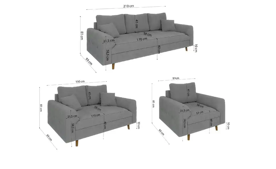 Polstergarnitur 3+2+1, Bemaßung