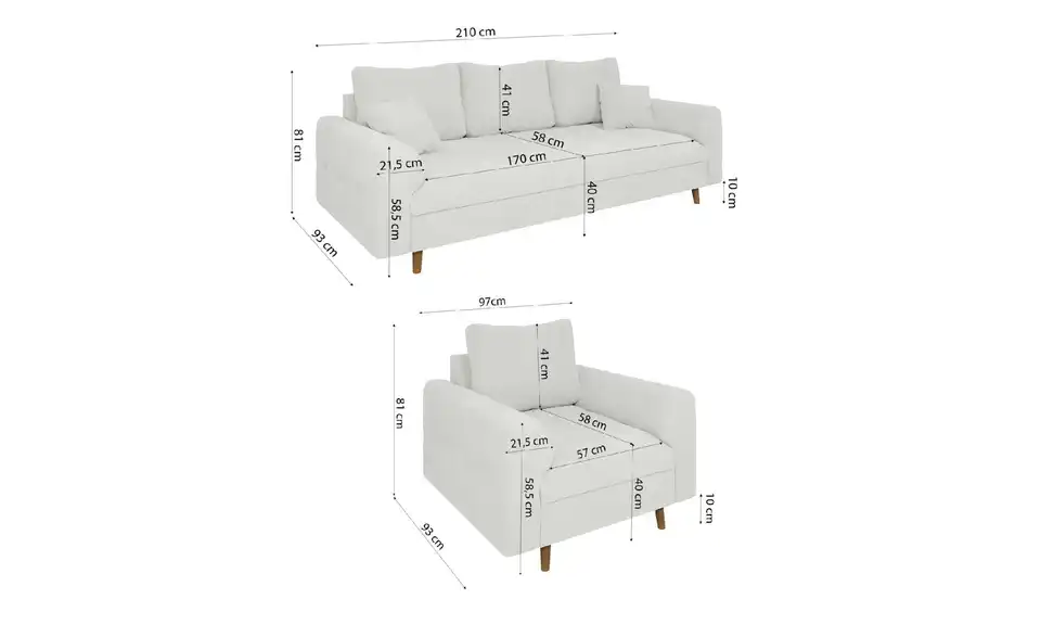 Polstergarnitur 3+1, Bemaßung