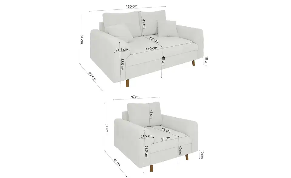 Polstergarnitur 2+1, Bemaßung