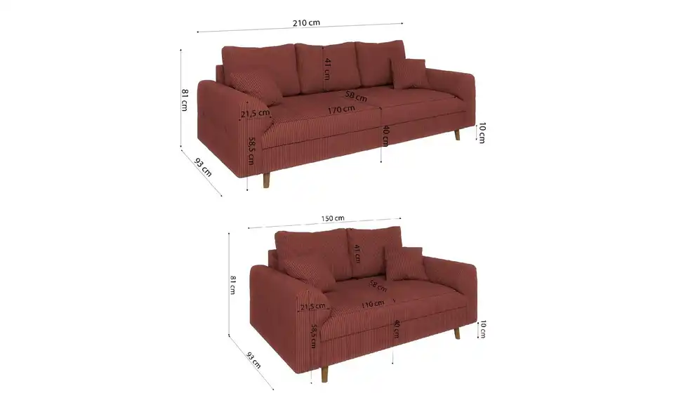 Polstergarnitur 3+2, Bemaßung