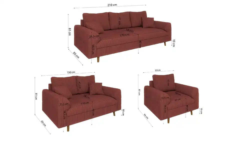 Polstergarnitur 3+2+1, Bemaßung