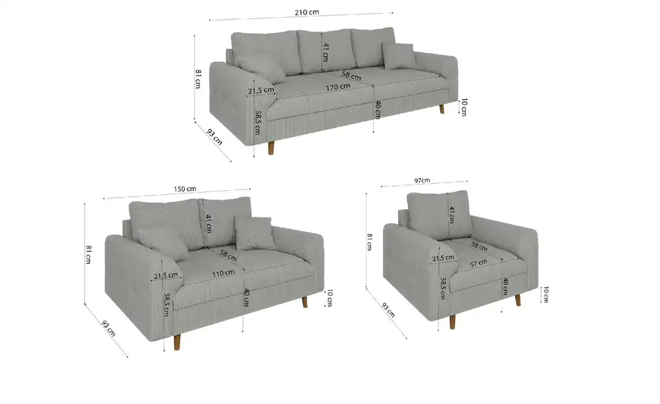 Polstergarnitur 3+2+1, Bemaßung