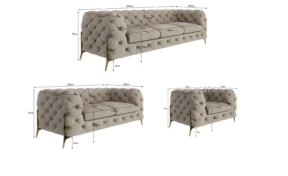 Polstergarnitur 3+2+1, Bemaßung