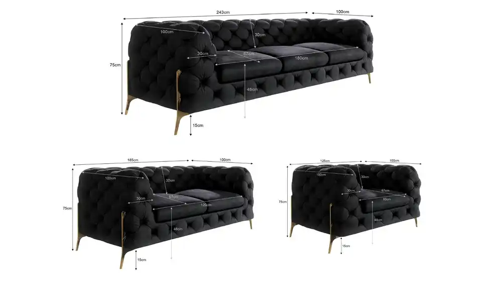 Polstergarnitur 3+2+1, Bemaßung