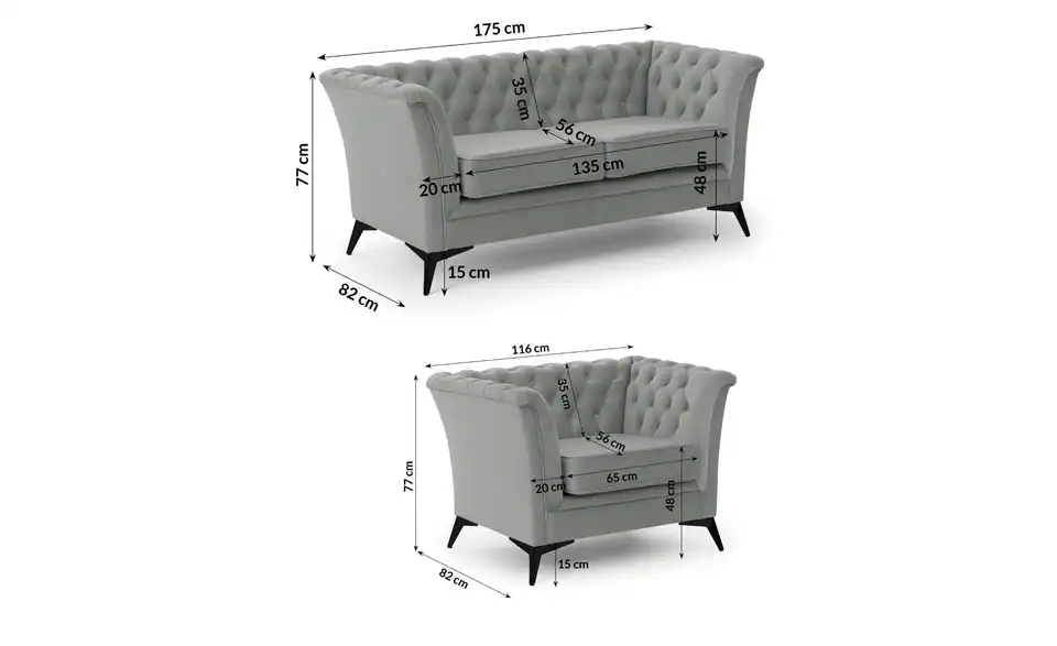 Polstergarnitur 2+1, Bemaßung