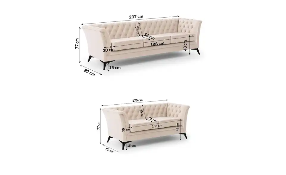 Polstergarnitur 3+2, Bemaßung